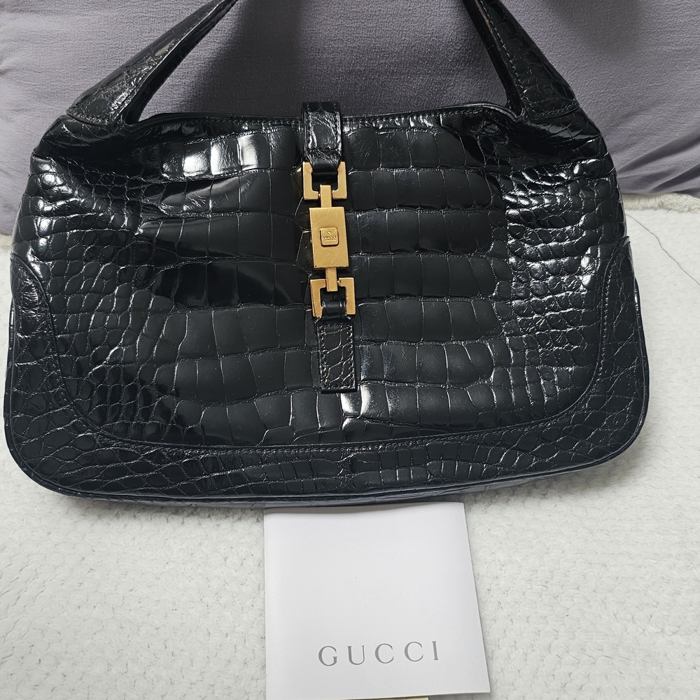 Gucci Black Satchel with Crocodile Texture and Gold Accents